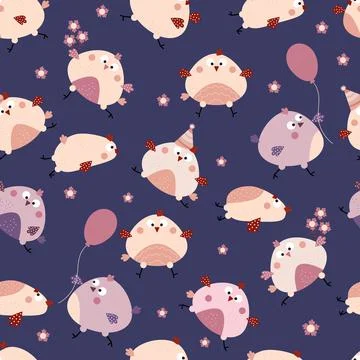 Seamless pattern. Funny cute birds - boy and girl chicks on a blue background イラスト素材