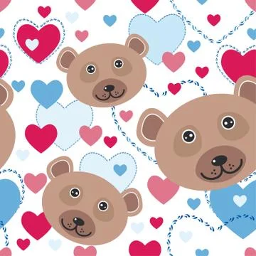 Seamless pattern with funny cute face bear, pink, blue heart on a white backg Stock Illustration