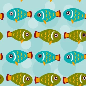 Seamless pattern with funny cute fish animal on a blue backgroun Stock Illustration