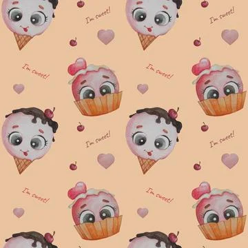 Seamless pattern. Funny cute ice cream with eyes in a waffle cup on a beige 스톡 일러스트