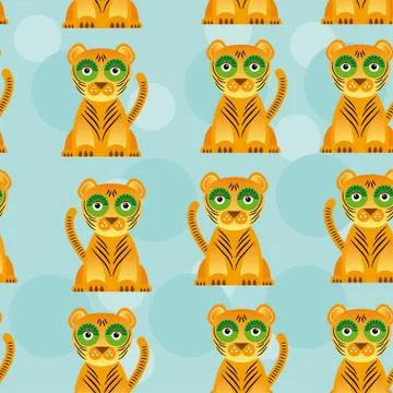 Seamless pattern with funny cute jaguar animal on a blue background Stock Illustration