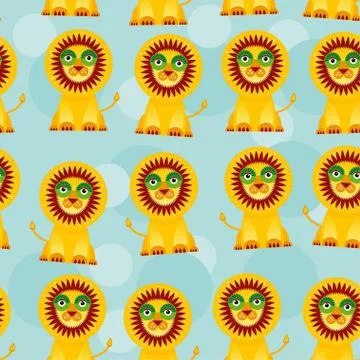 Seamless pattern with funny cute lion animal on a blue background Stock Illustration