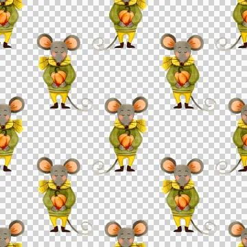 Seamless pattern with funny cute mouse in autumn clothes and pumpkin. Stock Illustration