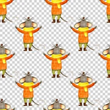 Seamless pattern with funny cute mouse in autumn clothes. Hand-drawn watercolor Stock Illustration