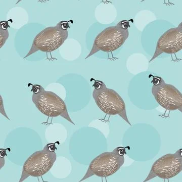 Seamless pattern with funny cute quail bird on a blue background Stock Illustration
