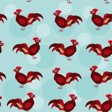 Seamless pattern with funny cute rooster bird on a blue backgrou Stock Illustration