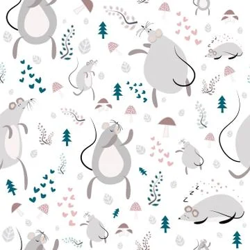 Seamless pattern with funny dancing mices and plants Stock Illustration