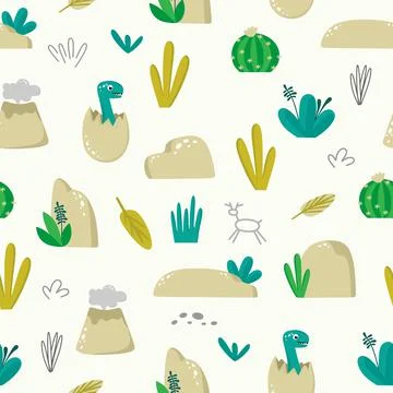 Seamless pattern with funny dinosaurs on a beige background with stones and Stock Illustration