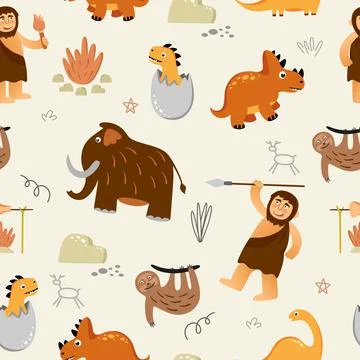 Seamless pattern with funny dinosaurs on a beige background with stones and p Stock Illustration