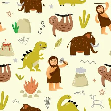 Seamless pattern with funny dinosaurs on a beige background with stones and p Stock Illustration