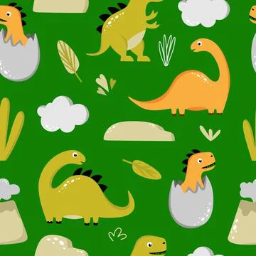 Seamless pattern with funny dinosaurs on a green background. Use for textiles Stock Illustration
