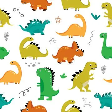 Seamless pattern with funny dinosaurs on a white background. Use for textiles Stock Illustration