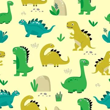 Seamless pattern with funny dinosaurs on a yellow background. Use for textile Stockillustratie