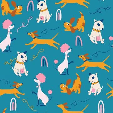 Seamless pattern with funny dogs. Dachshund, bull terrier, poodle and beagle. Stock Illustration