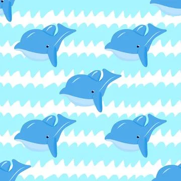 Seamless pattern with funny dolphin, blue waves. Vector background. Baby fabr Stock Illustration
