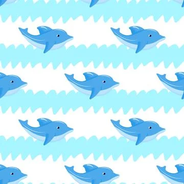 Seamless pattern with funny dolphin, blue waves. Vector background. Baby fabr Illustrazione stock