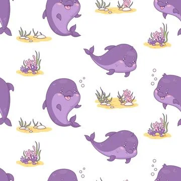 Seamless pattern with funny dolphins on white background. Vector illustrati.. イラスト素材