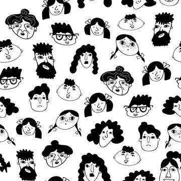 Seamless pattern with funny doodle faces in freehand black graphics style. Stock Illustration