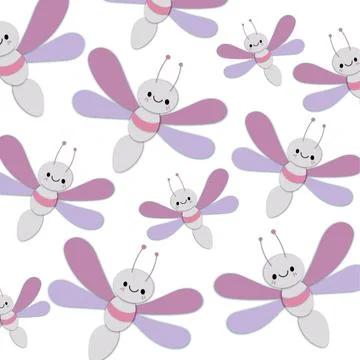 Seamless pattern funny dragonflies. Cute cartoon kawaii funny doodle character Stock Illustration