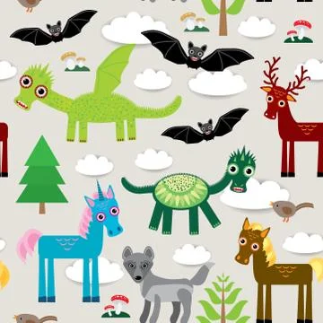 Seamless pattern with funny dragons, bats, unicorn, horse, deer, bird, wolf. Stockillustratie