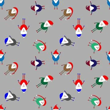 Seamless pattern with funny dwarfs in Christmas hats and different clothes. A 스톡 일러스트