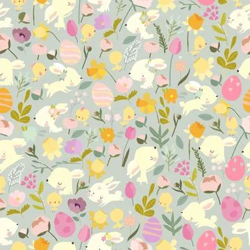 Seamless Pattern with Funny Easter Rabbits and Flowers Stock Illustration