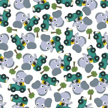 Seamless pattern of funny elephant driving car in the road. Stock Illustration