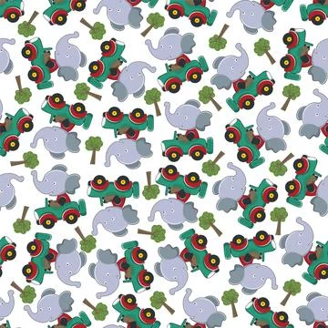 Seamless pattern of funny elephant driving car in the road. Stock Illustration