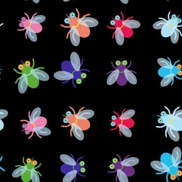 Seamless pattern Funny fly colorful red green blue violet pink with transparent Illustrazione stock