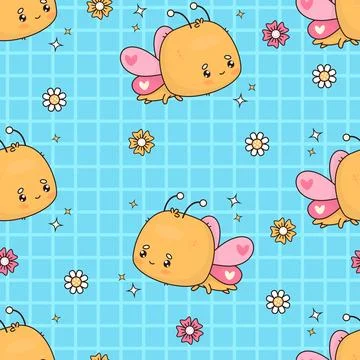 Seamless pattern with funny flying butterfly on checkered blue background w.. Illustrazione stock