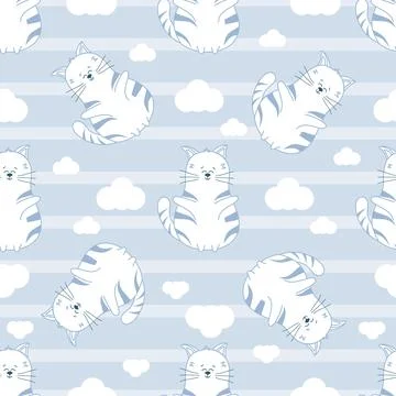 Seamless pattern with funny flying cat, clouds on striped background. Lilac c Stockillustratie