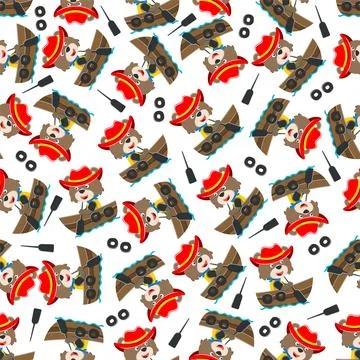Seamless pattern of funny fox on little boat with cartoon style. Stock Illustration