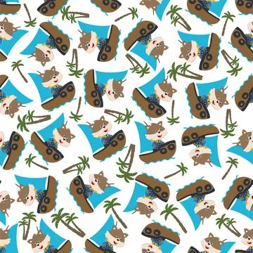 Seamless pattern of funny fox on little boat with cartoon style. Stock Illustration