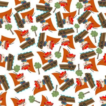 Seamless pattern of funny fox on little boat with cartoon style. Illustrazione stock