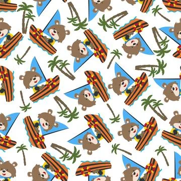 Seamless pattern of funny fox on little boat with cartoon style. Stock Illustration