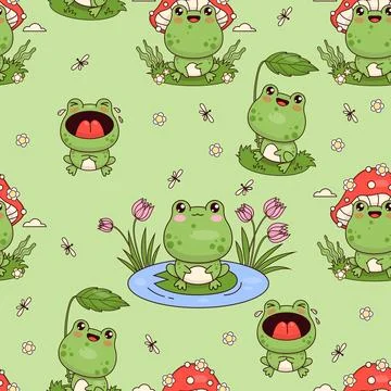 Seamless pattern with funny frogs on green background. Cute kawaii animal c.. Stock Illustration