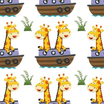 Seamless pattern of funny giraffe on little boat with cartoon style Stock Illustration