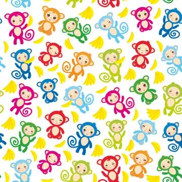 Seamless pattern with funny green blue pink orange monkey, yellow bananas, boys Stock Illustration