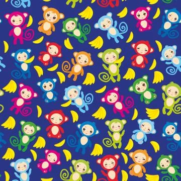 Seamless pattern with funny green blue pink orange monkey, yellow bananas, boys Illustrazione stock