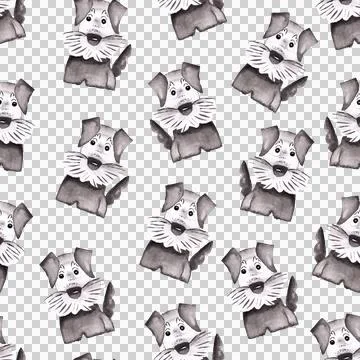 Seamless pattern of funny grey watercolor puppy hand painted on white background 스톡 일러스트