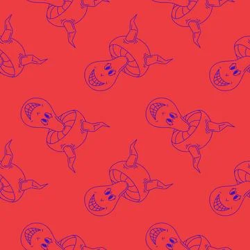 Seamless pattern of funny groovy style mushroom with horns on a red background Stock Illustration