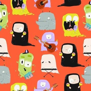 Seamless Pattern with Funny Halloween Monsters Band playing Crazy Music Stock Illustration