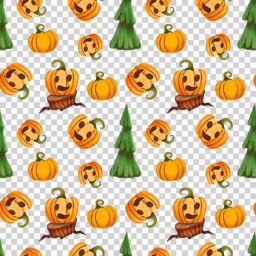 Seamless pattern with funny Halloween pumpkins. Hand-drawn watercolor Stock Illustration