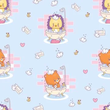 Seamless pattern with funny hedgehog and bear bathing in bubble bath. Cute .. Stock Illustration