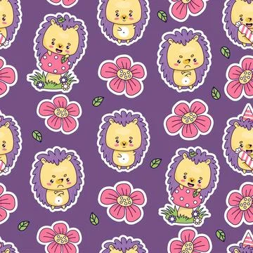 Seamless pattern with funny hedgehog with mushroom fly agaric and flowers o.. Stock Illustration