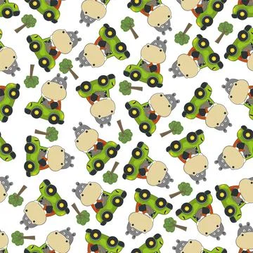 Seamless pattern of funny hippo driving car in the road. Stock Illustration