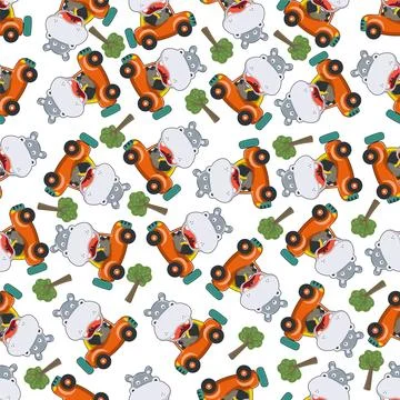 Seamless pattern of funny hippo driving car in the road. Stock Illustration