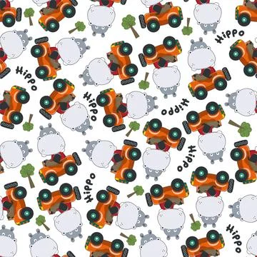 Seamless pattern of funny hippo driving car in the road. Stock Illustration