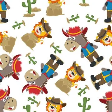 Seamless pattern of funny horse and lion the cowboy in the desert, Stock Illustration