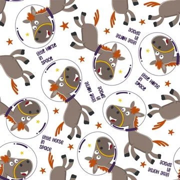 Seamless pattern of funny horse astronaut in space with cartoon style. Illustrazione stock